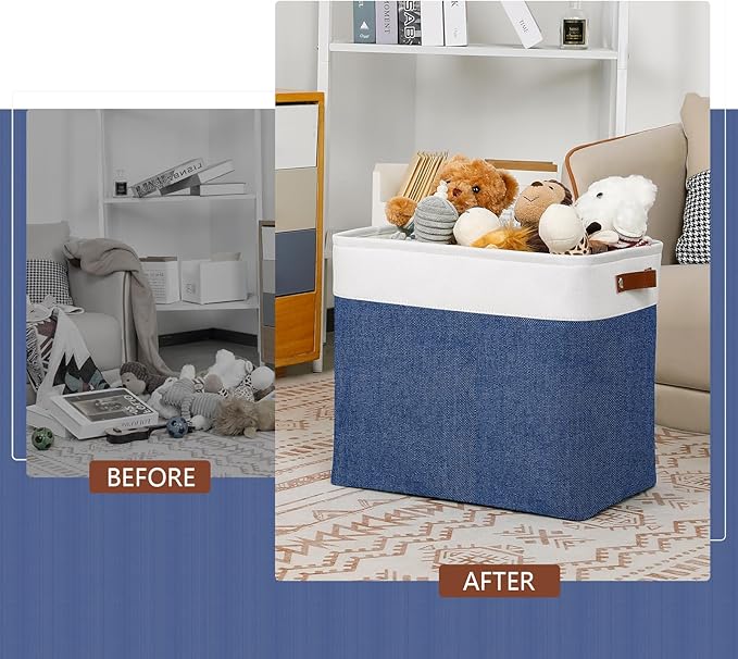 DULLEMELO Extra Large Storage Baskets, Fabric Storage Bins for Organizing Shelves Nursery Toys Books, Closet Baskets and Bins with Handles, White&Blue, 2-Pack