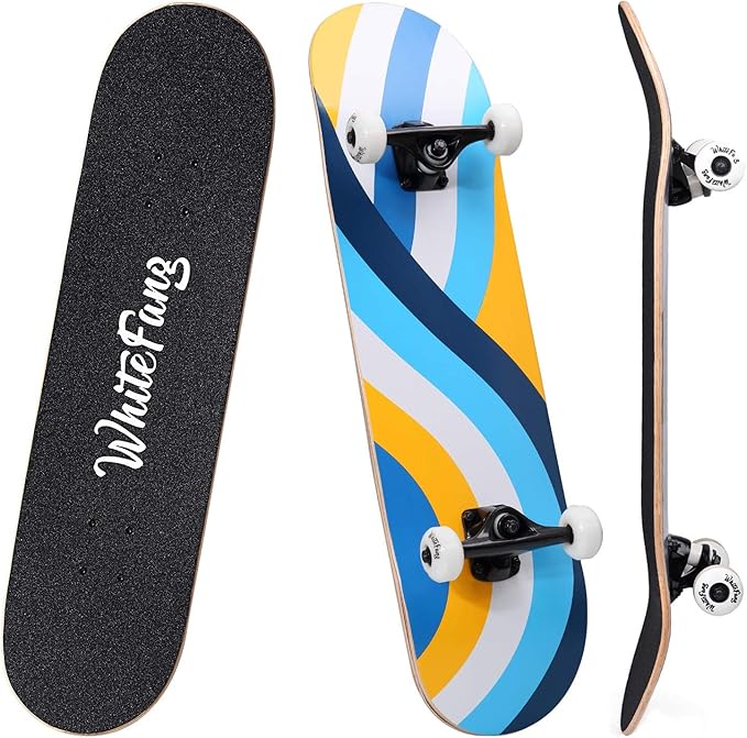 WhiteFang Skateboards for Beginners, Complete Skateboard 31 x 7.88, 7 Layer Canadian Maple Double Kick Concave Standard and Tricks Skateboards for Kids and Beginners