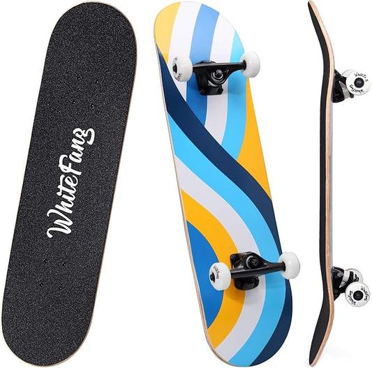 WhiteFang Skateboards for Beginners, Complete Skateboard 31 x 7.88, 7 Layer Canadian Maple Double Kick Concave Standard and Tricks Skateboards for Kids and Beginners