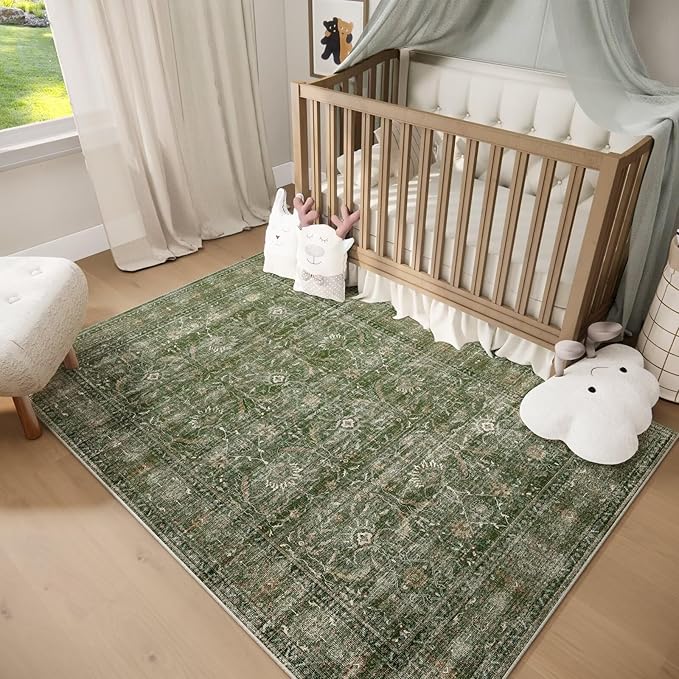 Washable 5x7 Area Rugs for Living Room, Boho Non-Slip Silicone Backing Rugs for Bedroom Dining Room Nursery Office, 0.3" Neutral Oriental Throw Carpet with 0.16" Cushioning Pad, Grass Green/Multi