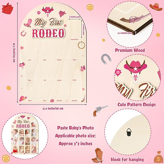 R HORSE My First Year Photo Frame Board, 3D Western Cowgirl Birthday Decorations Display Wood Board, Baby First Year Picture Frame 12 Months Milestone 1st Birthday Nursery Decor Gift for Girl