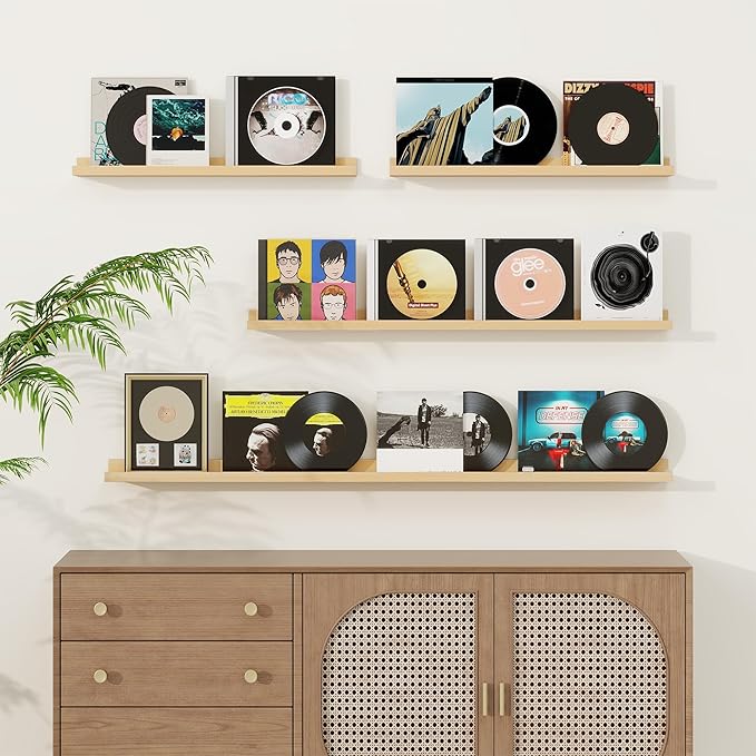 Picture Ledge Shelf, Solid Pine Wood Floating Shelves Set of 2, 48 Inches Nursery Book Shelves for Toys Storage, Kids Bookshelf Wall Mounted for Living Room Decor Photo Frames, Unfinished Natural