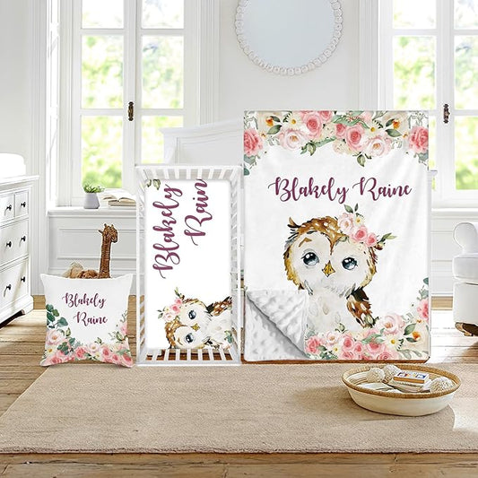 Custom Crib Bedding Set - Owl Design Personalized Name Baby Nursery Bed 3 Pcs Set - Chic Soft Blanket with Dotted Backing, Sheet, Pillowcase for Newborn Girls Boys Gifts Color22