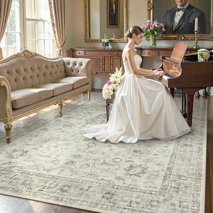 LIVEBOX Washable Area Rug 8x10 Rugs for Living Room Bedroom, Non-Slip Boho Indoor Carpet for Dining Room Office, Low-Pile Farmhouse Soft Carpets for Kids Nursery Room Playroom, Taupe