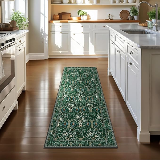 Joydeco Washable Runner Rug Non Slip, Floral Kitchen Carpet Runner 2x6, Soft Low-Pile Botanical Forest Indoor Floor Door Mat for Hallway Bathroom Entryway Laundry Room, Dark Green