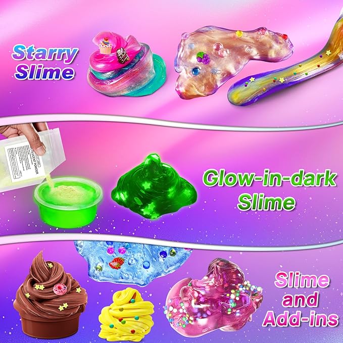 DIY Slime Kit for Girls, Galaxy & Glow in The Dark Slime Making Kit for Kids 6-12, Glimmer Crunchy, Butter & Cloud Slime Kit with Add-ins, Foam Balls, Charms, Glitters, Gift Toys for Boys Girls