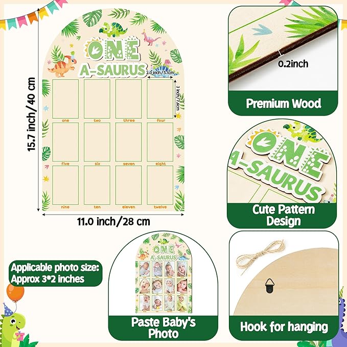 R HORSE My First Year Photo Frame Board, 3D One a Saurus Birthday Decorations Display Wood Board, Dinosaur Themed Baby First Year Picture Frame 12 Months Milestone 1st Birthday Nursery Decor Gift