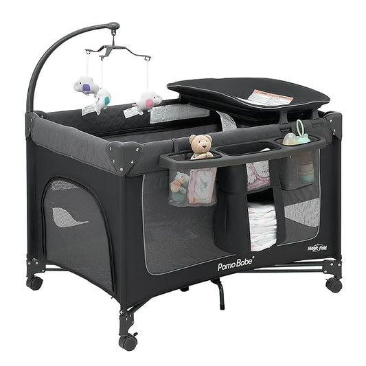 Pamo Babe 1-Second Setup 3-in-1 Playard for Babies - Heavy-Duty Steel Frame for Safe Sleep Space, Portable Crib with Zip Door & Changing Table, Locking Wheels, Breathable Mesh