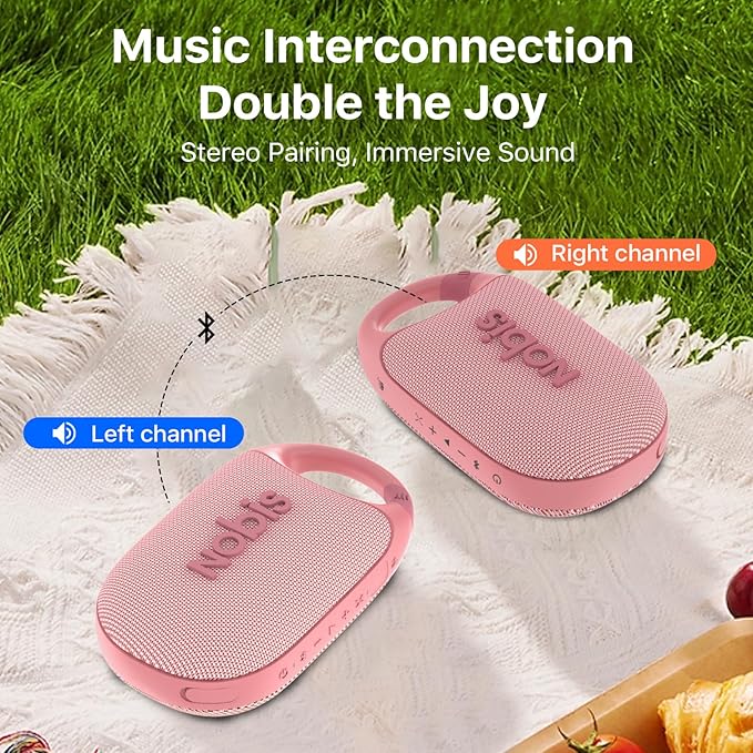 NOBIS Clip N1 Portable Bluetooth Speaker with App, Beat Mode, Up to 24H Playtime, IP68 Waterproof, BT 5.3, HD Sound, Stereo Pairing, Custom EQ, Perfect for Outdoor, Home and Adventure (Pink)