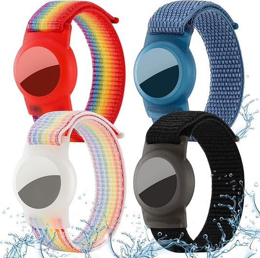 Waterproof Air Tag Bracelet for Kids (4 Pack), Soft Nylon Hidden Air Tag Wristband Full Cover Lightweight GPS Tracker Holder Compatible with Apple AirTag Band for Toddler (Black/Blue/ 2 Rainbow)