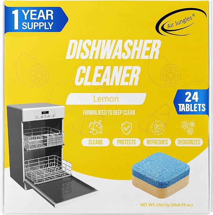 Air Jungles Dishwasher Cleaner Tablets 24 Count, Lemon Scent, Deep Cleaning Descaler, Formulated To Clean Dishwasher Machine, Remove Odor, Hard Water, Calcium, Bad Smell, 12 Month Supply