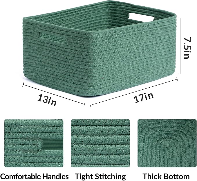 Large Storage Baskets for Organizing, Closet Shelf Baskets for Clothes Blanket Towels, Baby Nursery, Toy Bins Box, Woven Rope Baskets, 17 x 13 x 7.5”, 4 Packs Green