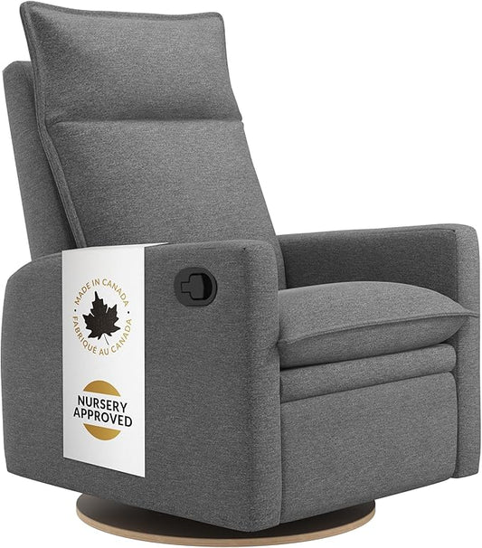 Jaymar Arya Modern Nursery Glider Recliner Chair – Cozy Nursing Chair with 360° Swivel for New Parents, Gentle Motion, Compact Design, High Back & Low Armrests, Canadian Made (Charcoal/Nexus Fabric)