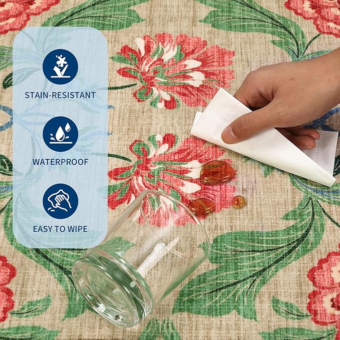 GarveeHome Floral Botanical Washable 8x10 Area Rug for Living Room Soft Camel Taupe Brown Vintage Boho Cottage Large Rugs Low Pile Carpet for Bedroom Dining Nursery Rug