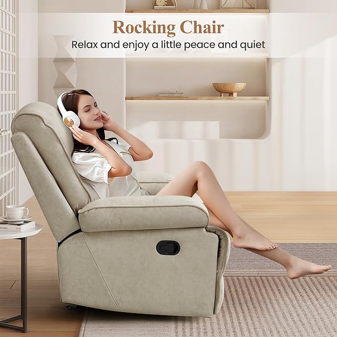 Nursery Rocking Chairs,Velvet Rocker Recliner Nursing Chair,Oversized Nursery Recliner Glider Chair with Extra Wide Footrest for Breastfeeding,Beige