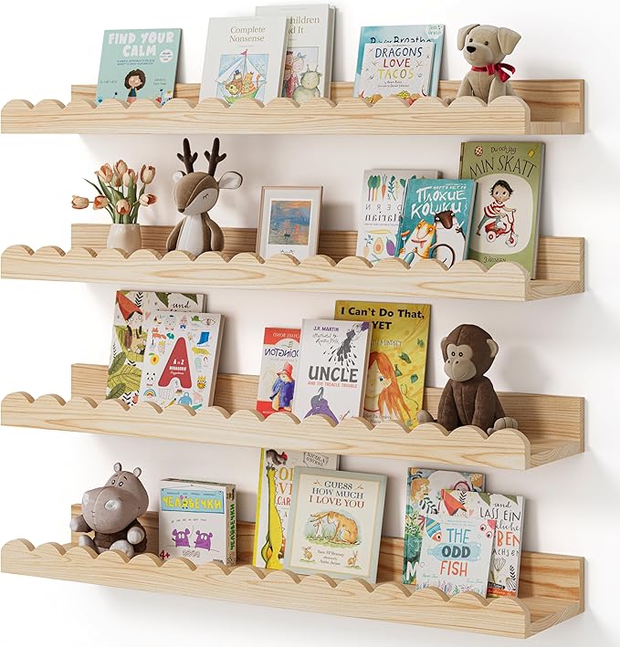 Nursery Book Shelves, 4-Pack Wood Floating Shelves for Wall Kids, Scalloped Shelves, Wall Book Shelves for Bedroom Kids, Toddler Room, Baby Room, Nursery Decor (Wood, 23 Inches)