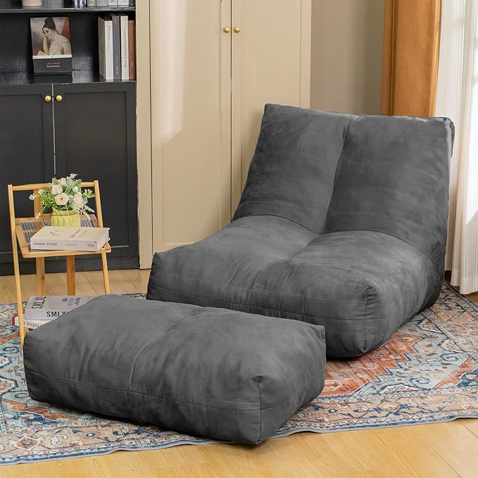 Bean Bag Chair with Ottoman, Comfy Bean Bag Sofa with Memory Foam, Lazy BeanBag Sofa with Footstool, Fireside Bean Bag Couch for Living Room, Bedroom, Apartment