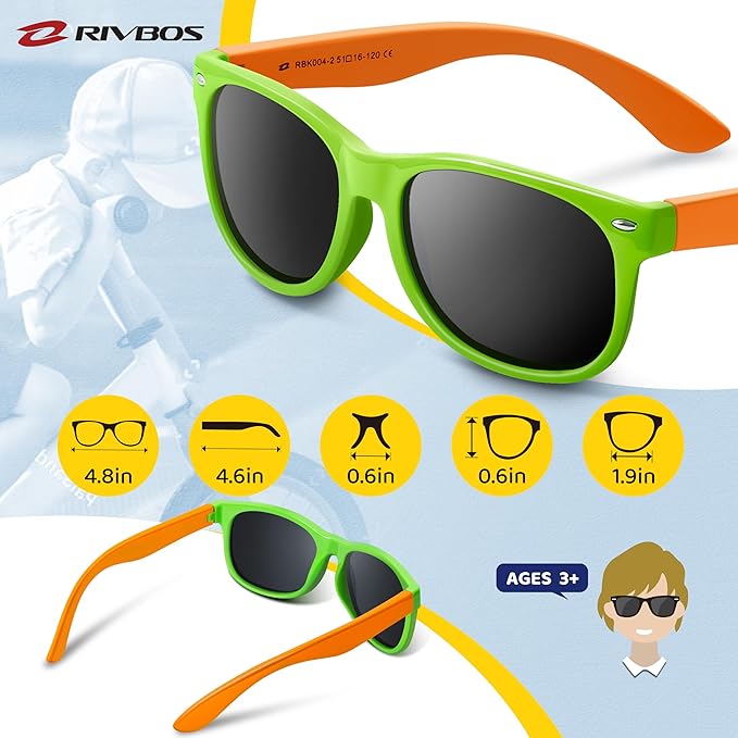 RIVBOS Kids Sunglasses Polarized UV Protection Flexible Rubber Glasses Shades with Strap for Boys Girls RBK004