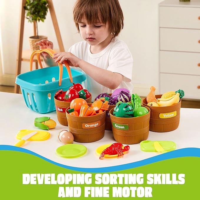 JOYIN Learning Toys Play Food Set for Toddlers, Cutting Food for Preschool Activities, Pretend Play Kitchen Accessories for Kids, Color Sorting Set for Boys & Girls, Daycare Educational Toy