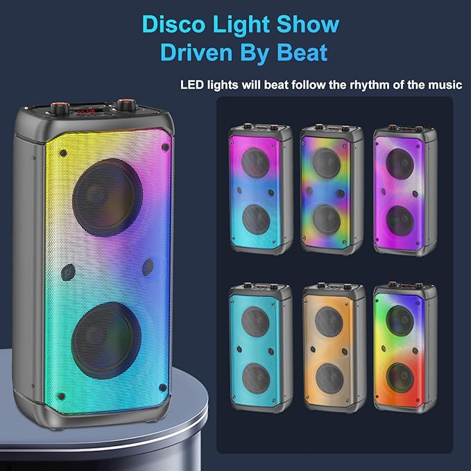 Portable Party Speaker, 80W Peak Wireless Bluetooth Speaker, PA System with LED Lights, Outdoor Bluetooth Speakers Supports for TF Card/USB, AUX in, FM, REC,TWS