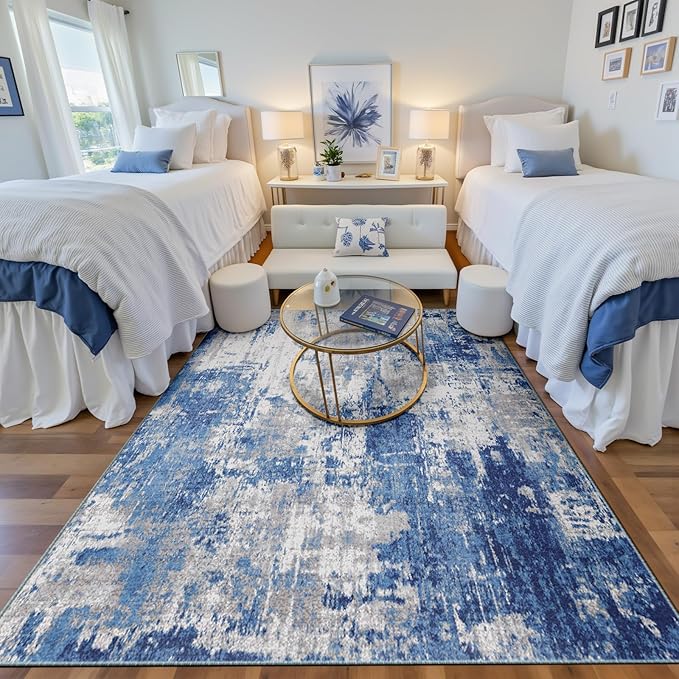 Washable Area Rugs 6'x9' Non-Slip Modern Abstract Soft for Living Room Entryway Bedroom Nursery, Print Pattern, Blue Grey Navy Gray