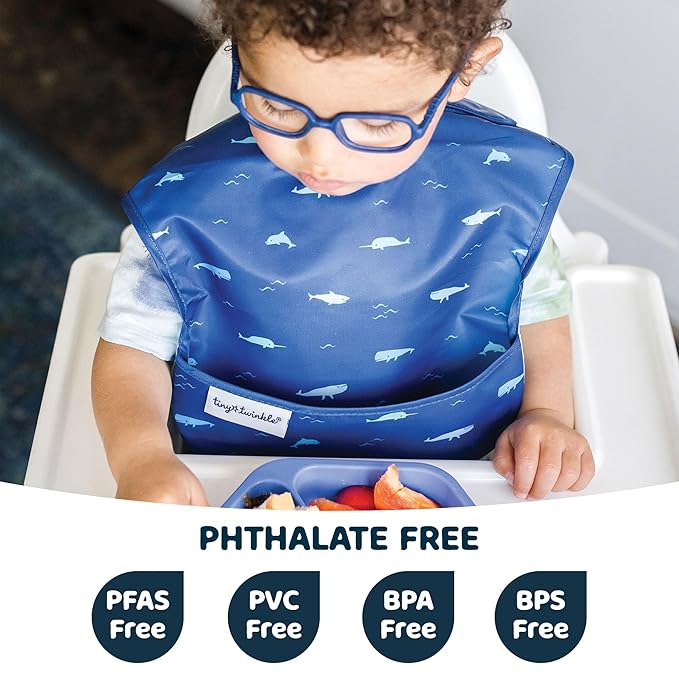 Tiny Twinkle Mess Proof Baby Bibs for Eating - Waterproof, Wipeable Bibs - Toddler Bibs - Travel Friendly - PFAS, PVC, BPA, Phthalate Free - Baby Food Bibs(3 Pack,Sea, Dino)