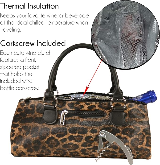 Wine Clutch Bag (Thermal Insulated) Trendy Women’s Carry Tote | Holds Red & White 750mL Bottles | Trendy Fashion | Incl. Portable Waiter-Style Corkscrew (Cougar)