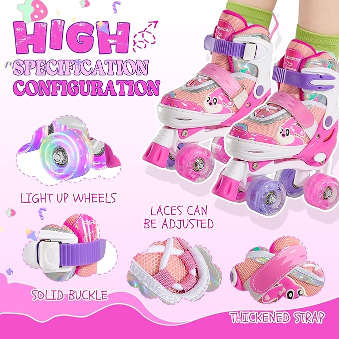 PAPAISON Adjustable Roller Skates for Girls Illuminating Wheels, Kids Toddler Rollerskates Ages 4-6 5-8 8-12