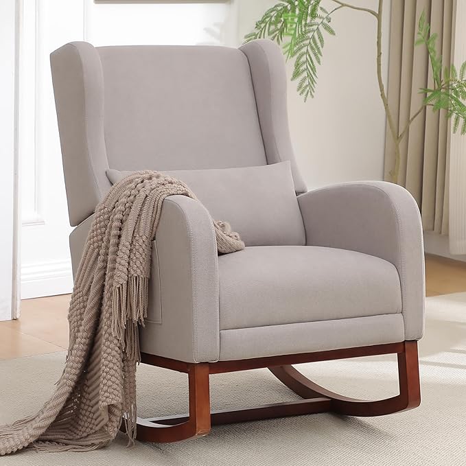 Rocking Chair Nursery, Nursery Rocking Chairs with Foot Rest, Comfy Glider Rocker Nursing Chair with High Back for Nursing, Living Room, Bedroom, Light Grey