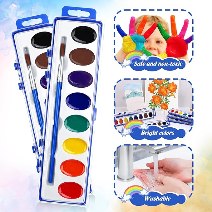 FUMILE Watercolor Paint Set Bulk,3 Pack,8 Colors Watercolors Paint with Paintbrush.Washable Watercolor Paint Set Kids for Parties,Birthday Party Favor,valentines for kids classroom.