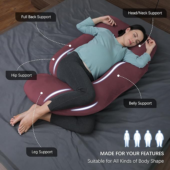 MOON PARK Pregnancy Pillows for Sleeping - U Shaped Full Body Maternity Pillow with Removable Cover - Support for Back, Legs, Belly, HIPS - 65 Inch - Burgundy