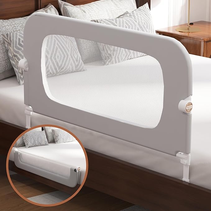 Bed Rail for Toddlers, Baby Bed Rail Guard for Kids, Toddler Bed Rails with Reinforced Anchor Fit, Height Adjustable & Foldable Bed Rail Guard for Twin, Full, Queen & King Beds (Grey, 32IN)