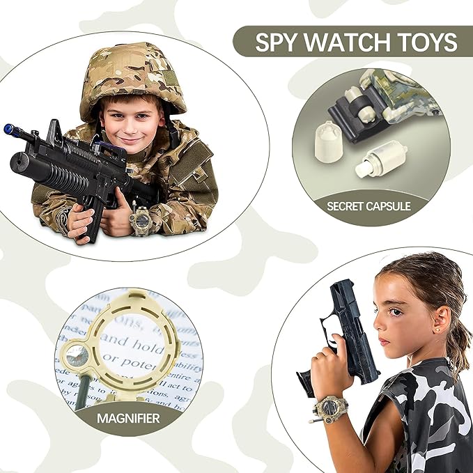 Walkie Talkies for Kids Rechargeable, Spy Watch Army Toys, 7 in 1 Walkie Talkie Watches with Flashlight, Two-Way Radios Long Range Interphone Toy Gifts for Boys Girls fit Outdoor Game Camping