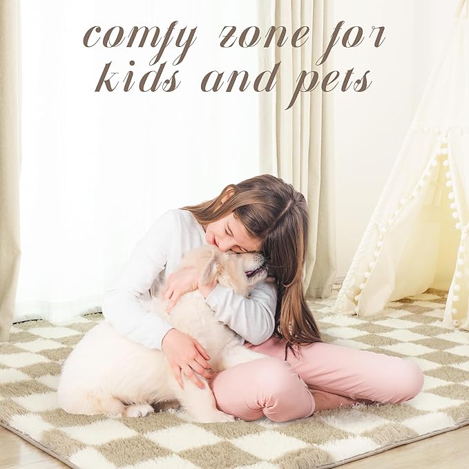 Super Soft Rug for Bedroom, 5x7 Ft Beige and White Area Rug Classic Checkered Shaggy Anti-Skid High Pile Soft Fluffy Rug Fuzzy Carpet for Living Room Bedroom Kids Room Nursery, Dorm Home Decor