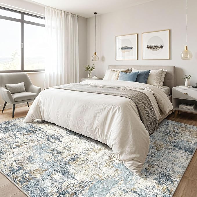 7x9 Area Rugs Washable Rug: Living Room Large Abstract Modern Soft Stain Resistant Indoor Floor Non Slip Accent Carpet for Bedroom Nursery Playroom Office Dining Room Dorm Home House- Blue