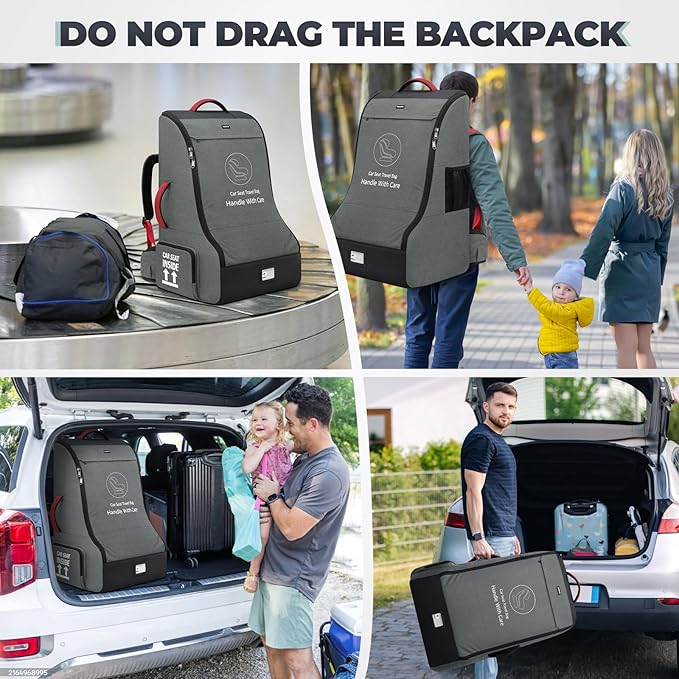 RAINSMORE Padded Car Seat Travel Bag for Airplane Heavy Duty Car Seat Backpack for Air Travel Baby Carseat Cover Bags for Airport Large Car Seats Carrier Fits Car Seats & Booster Seats,Gray