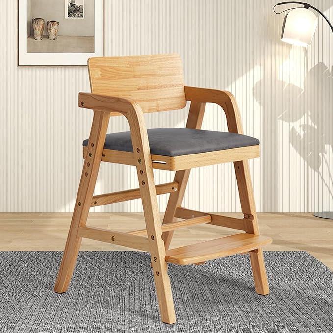 Solid Wood High Chair for Toddlers to Teens, Adjustable Height Toddler Dining Chair, Easy to Clean Toddler Highchair with Removable PU Cushion for Dining, Studying, Step Tool, Natural