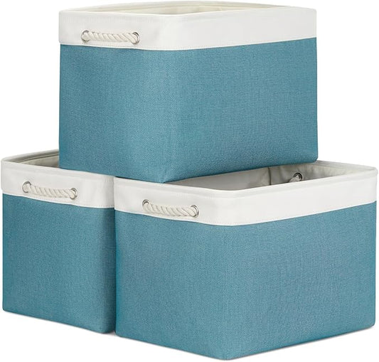 Bidtakay Large Storage Baskets for Shelves 3 Pack 16x11.8x11.8 Inch Storage Bins for Organizing Fabric Storage Cubes for Closet Clothes Basket Laundry-White&Teal