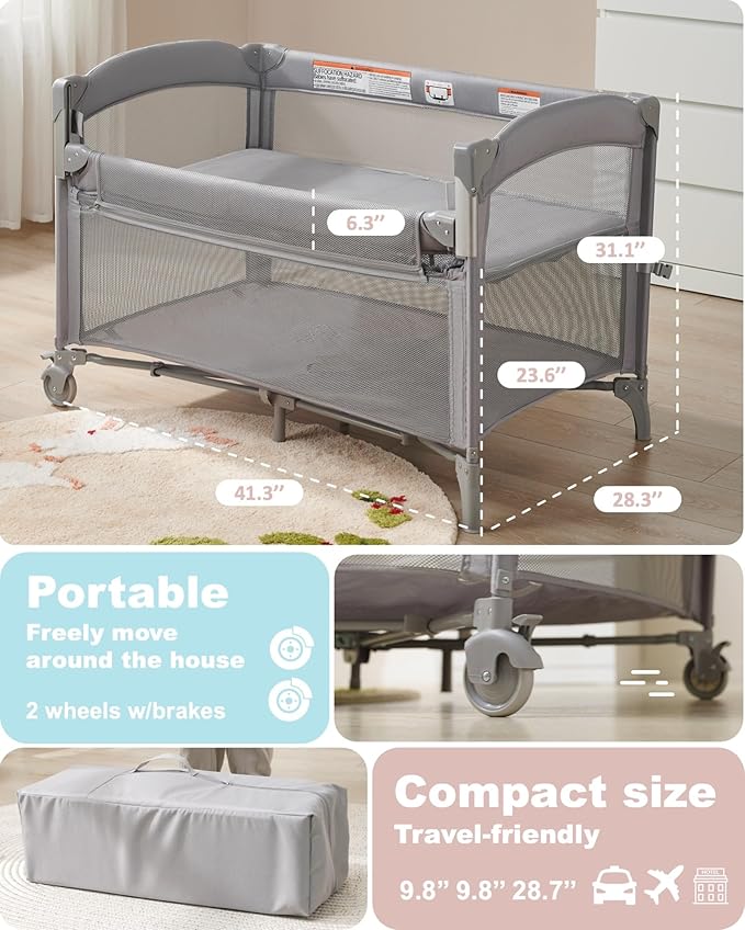 AirClub 4 in 1 Baby Bassinet Bedside Sleeper, 4 Functions Crib, Playard, Portable Changing Table, Bassinet for Newborn Baby, Bedsaide Bed w/Wheels&Brakes