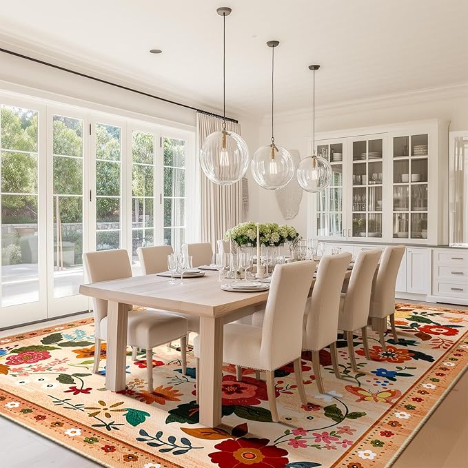 Floral 6x9 Area Rug Machine Washable Soft Print Boho Carpet Non Slip Doormat Low Pile Flower Area Rugs for Living Room Bedroom Nursery Kitchen Dining Room Indoor-Light Orange