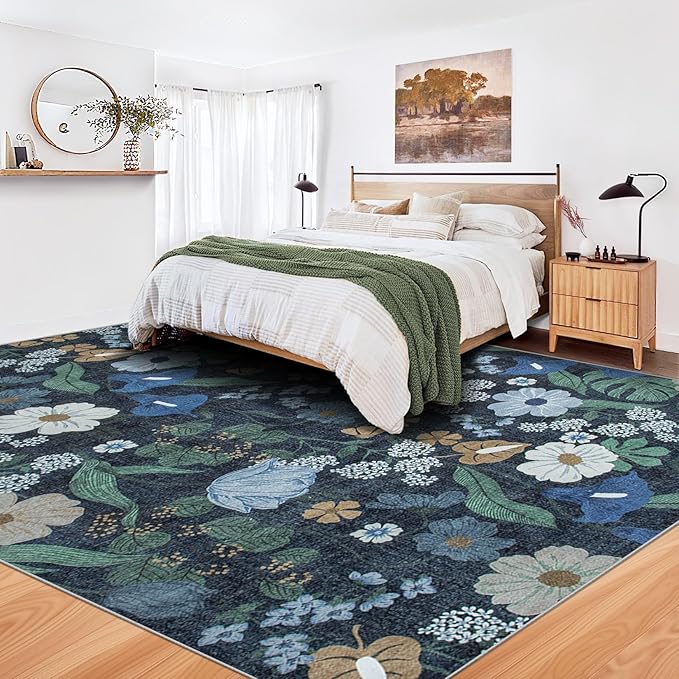 9x12 Area Rug for Living Room: Vintage Floral Washable Rug Soft Boho Non Slip Carpet Large Indoor Floor Non Shedding Low Pile Thin Carpets for Bedroom Dining Room Farmhouse Nursery Home Office Blue
