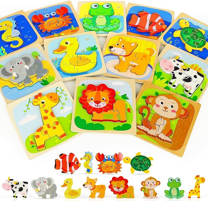 TOY Life Wooden Puzzles for Toddlers 2-4, Montessori Toys for 1 2 3 Year Old Toddler Boys Girls, Animals Jigsaw Puzzles, Educational Learning Toy Kids Puzzle, Best Gifts Toys for Baby Ages 1-3 2-4