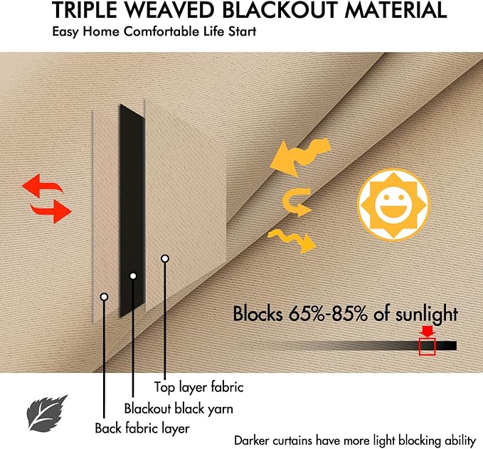 ANRODUO Back Tab Blackout Curtains for Bedroom Living Room, Rod Pocket Pinch Pleated Thermal Insulated Room Darkening Curtains 54 Inches Long 2 Panels, Beige, 42 x 54 Inch