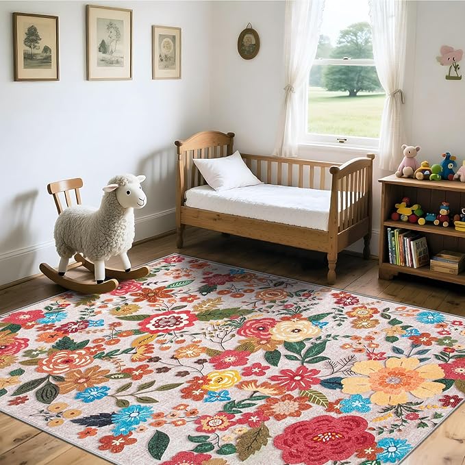 Area Rug Living Room Rugs: 6x9 Washable Rug Vintage Floral Soft Boho Non Slip Carpet Indoor Floor Non Shedding Low Pile Thin Carpets for Bedroom Dining Room Farmhouse Nursery Home Office Beige