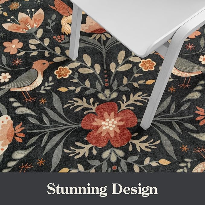 Moynesa Boho Bird 5x7 Area Rugs for Living Room, Black Floral Living Room Rug 5x7 Washable Low-Pile Bedroom Rug Non Slip, Vintage Soft Jungle Animal Floor Carpet for Nursery Playroom