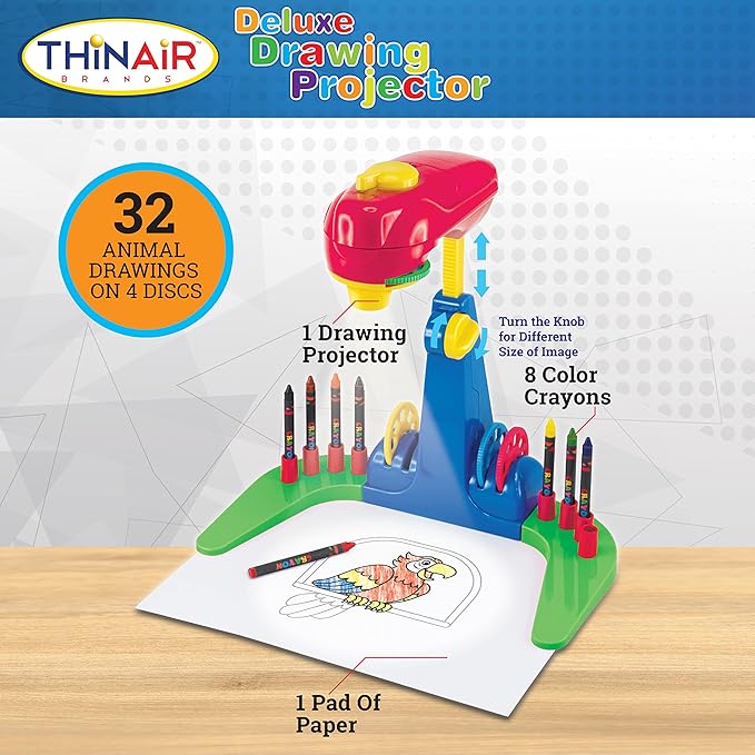 Drawing Projector for Kids 3 & Up | Preschool Tracing Projector Kit Includes 32 Animal Drawings on 4 Sturdy Discs, 8 Crayons & 1 Pad of Drawing Paper for Fun Play-Based Learning