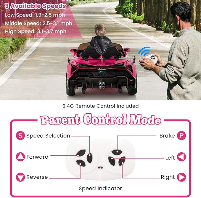 Costzon Pink Lamborghini Ride on Car, 12V Battery Powered 4WD Lambo Kids Car with Remote Control, 3 Speeds, Dual Doors, LED Lights, Horn, Music, Licensed Electric Vehicle for Toddlers Girls Kids Gift
