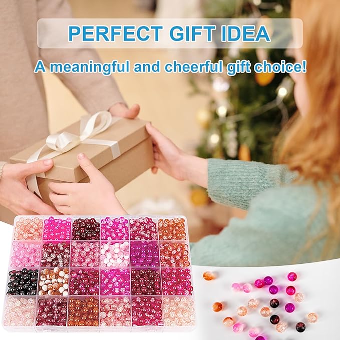 XSEINO About 1200pcs 6mm Crackle Glass Beads Bracelet Making Kit,24 Assorted Colors Crack Blush Pink Series Crystal Glass Bead for Bracelet Jewelry Making,DIY Crafts,Friendship Bracelets