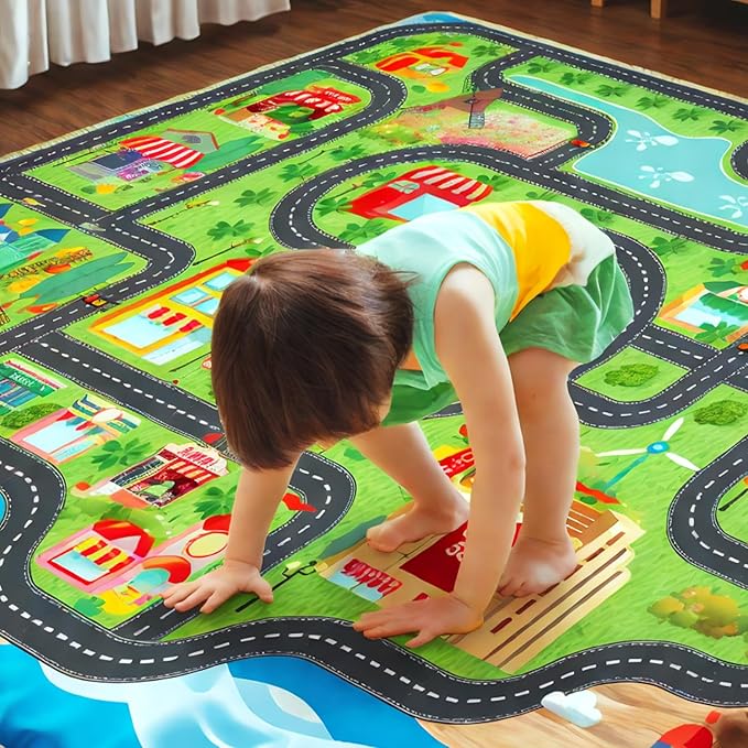 Car Rug,Kids Play Rug with Roads,Playroom Toy Car Rug, Car Track Rug City Map for Bedroom Classroom - (78.7X59 Inches)