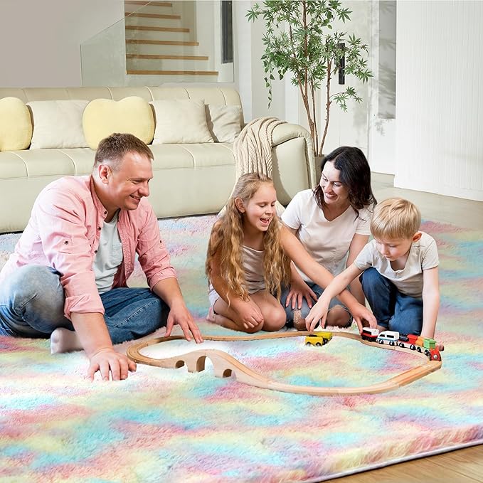 Ultra Soft Rug for Living Room, 9X12 Fluffy Shag Area Rug for Bedroom, Modern Shaggy Carpets Fuzzy Rug for Teens Dorm Nursery Home Decor Aesthetic, Upgrade Anti-Skid Durable, Rainbow